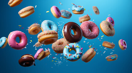 flying doughnuts scene - mix of multicolored sweet donuts with sprinkel on blue background
