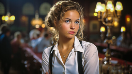 Fototapeta premium A bewildered waitress in a bustling tavern stands out with her disoriented gestures, epitomizing the flustered restaurant staff.