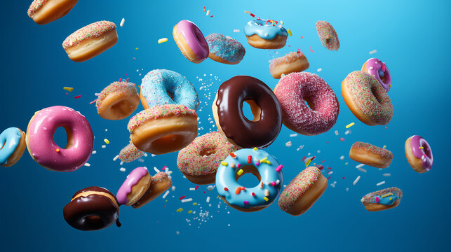flying doughnuts scene - mix of multicolored sweet donuts with sprinkel on blue background
