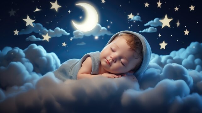 a boy baby kid child sleep at night  on cloud with stars lullaby concept relax