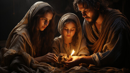 the birth of Jesus in a manger with Mary, Joseph, shepherds, and the Three Wise Men.