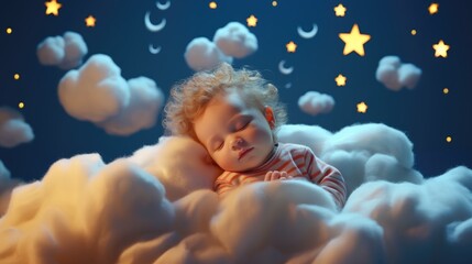 a boy baby kid child sleep at night  on cloud with stars lullaby concept relax - obrazy, fototapety, plakaty