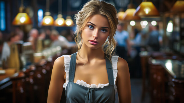 Bewildered waitress with a tray, her face showing a fascinating blend of confusion and puzzlement in a snapshot of restaurant staff perplexity.