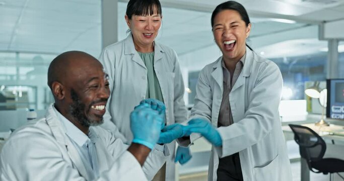 High five, scientist or doctors with success in lab for research results or teamwork. Medical, applause or happy people in healthcare excited for science, bonus or celebrate winning or breakthrough