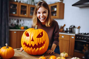 young woman making halloween pumpkin in the kitchen