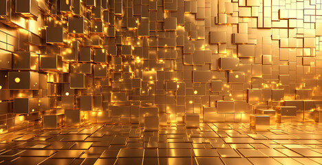 Abstract geometric metallic gold 3d texture wall with squares and square cubes background banner illustration with glowing lights, textured metal wallpaper (Generative 