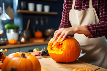 young woman making halloween pumpkin in the kitchen - obrazy, fototapety, plakaty