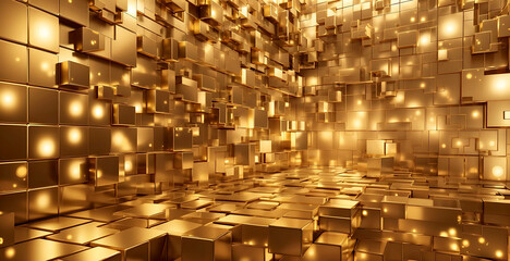 Abstract geometric metallic gold 3d texture wall with squares and square cubes background banner illustration with glowing lights, textured metal wallpaper (Generative 