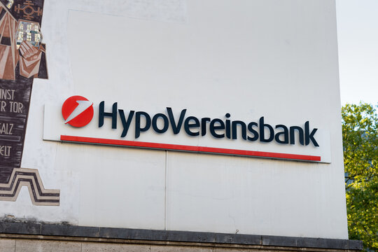 BAD REICHENHALL, GERMANY - 19. September 2023: Hypovereinsbank logo sign on the exterior of the bank facade. The financial business is part of the UniCredit Group and it offers banking services.