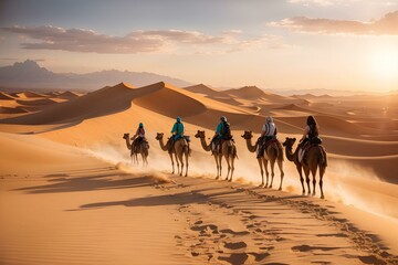 Desert landscape with blue sky and sunrise on horizon with cactus and plant, People and camel walking on the sand dune scenery in very hot day. - Powered by Adobe