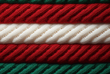 Close-up of festive red, white, and green wool knitwear texture
