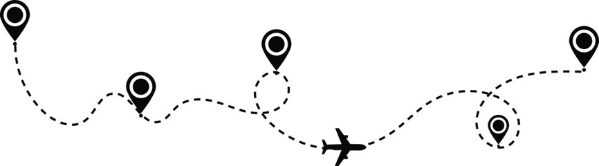 Airplane path in a dotted line shape. pin map marker pointer sign. Airplane line path travel icon. Aircraft tracking, planes travel dot line design