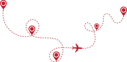 Travel icons, red location pins, dotted line path, airplane silhouette, minimalist design, white background, journey map, destination markers, flight route illustration