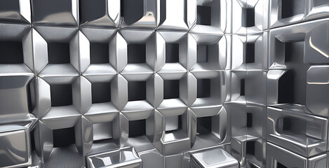 Abstract geometric metallic silver 3d texture wall with squares and square cubes background banner illustration with glowing lights, textured metal wallpaper (Generative