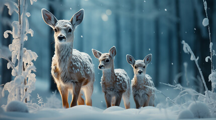 a cute reindeers on Christmas eve winter snow background wallpaper - obrazy, fototapety, plakaty