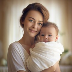 A young mother holds and poses smiling with her baby wrapped in muslin. - obrazy, fototapety, plakaty