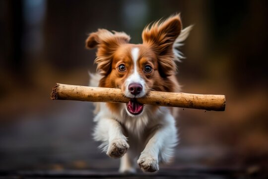 A youthful and jovial dog runs towards the camera with a stick between its teeth.