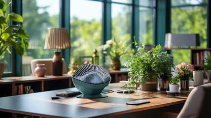 Office room interior with desk and flowers, green house concept, ecology