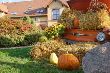 A fall harvest festival, the decorations created with hay pumpkins are just as indicative of the coming fall and approaching Halloween