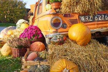 A fall harvest festival, the decorations created with hay pumpkins are just as indicative of the coming fall and approaching Halloween