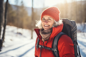 Portrait of mature senior woman hiking in winter snowy forest , concept of travel lifestyle adventure active vacations outdoor and healthy with white snow landscape