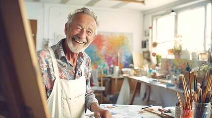 Smiling senior artist creating a painting in his bright modern studio, canvas visible in the background,  looking into the camera