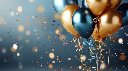 Holiday background with golden and blue metallic balloons, confetti and ribbons. Festive card for birthday party, anniversary, new year, christmas or other events
