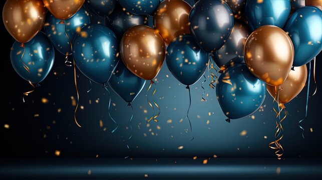 Holiday background with golden and blue metallic balloons, confetti and ribbons. Festive card for birthday party, anniversary, new year, christmas or other events
