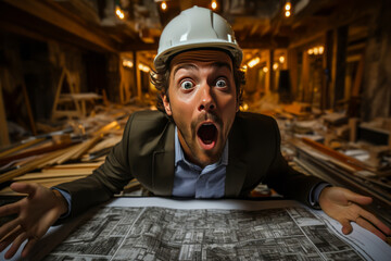 Dramatic architect in shock, mouth wide open with surprised expression, holding blueprint amidst construction sketches, a portrayal of sheer astonishment. - obrazy, fototapety, plakaty