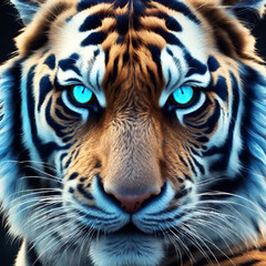 Auf dem Bild ist ein majestätischer Tiger zu sehen, der durch seine blauen Augen sofort die Aufmerksamkeit des Betrachters auf sich zieht. Seine kräftige Statur strahlt Eleganz und Kraft aus.