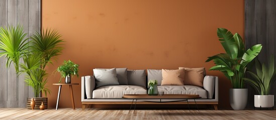 illustration of a contemporary brown sofa and table adorned with fruit and a potted plant