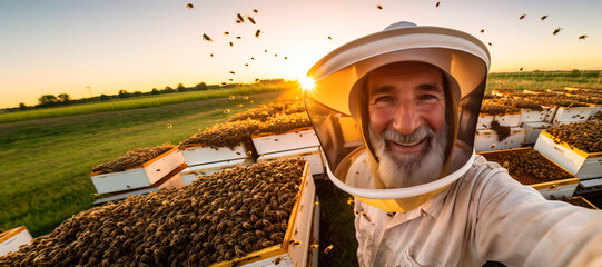 beekeeper taking a selfie picture in a beefarm. Environmental protection concept - obrazy, fototapety, plakaty
