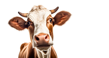 red,brown healthy, cute cow with a surprised curious look and open mouth looking at the camera, isolated on a white background with copy space.