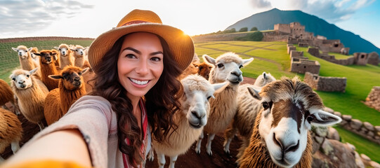 panoramic view of beautiful young Peruvian woman making a selfie with a group of alpacas