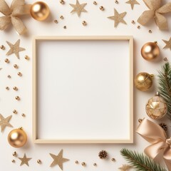 Obraz na płótnie Canvas Christmas frame flat lay top view. Holiday Christmas decorations on border frame background with center blank. Frame with New year ornaments.