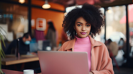 Beautiful young afro american woman in pink jacket working on laptop, freelancer girl or student with computer in cafe at table, looking at camera.