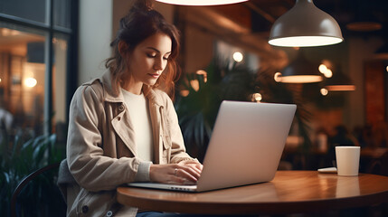 Beautiful young brunette woman in a beige coat working on a laptop, freelancer girl or student with a computer in a cafe at the table, looking at the camera. - obrazy, fototapety, plakaty