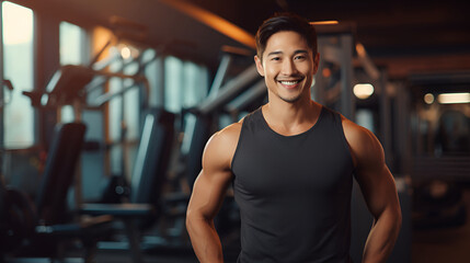  Muscular asian man in sportswear, fitness trainer smiling and looking at the camera on the...