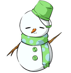 This is an illustratuon of a cute snowman wearing a bucket and a muffler.
