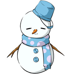 This is an illustratuon of a cute snowman wearing a bucket and a muffler.
