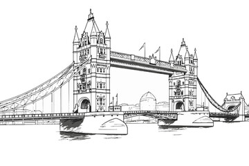 Tower bridge and the Thames River in London vector doodle line art