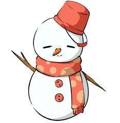 This is an illustration of a cute snowman wearing a bucket and a muffler.