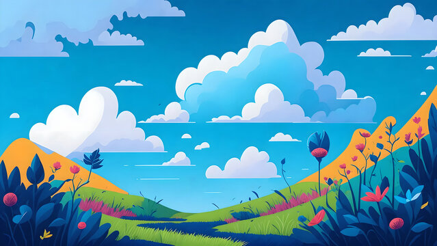 multicolor, scenery, ink, petal grassland, blue sky,white clouds, cartoon style