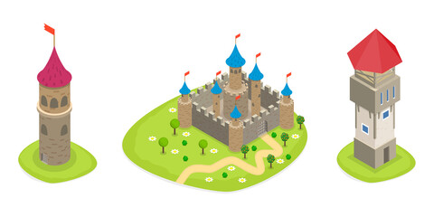 3D Isometric Flat  Set of Medieval Castles, Fortresses and Towers