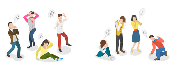 3D Isometric Flat  Conceptual Illustration of Shocked, Frightened, Scared Character, Emotional Gesturing People
