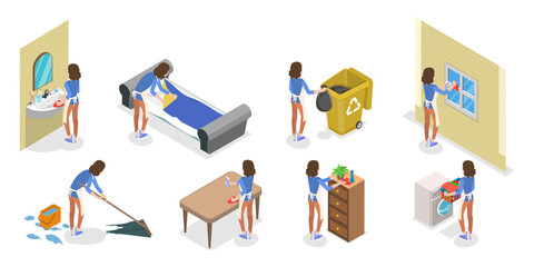 3D Isometric Flat  Set of Household Chores, Housekeeping Activities