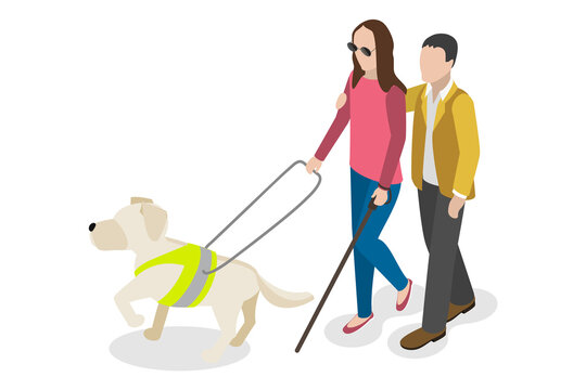 3D Isometric Flat  Conceptual Illustration of Guide Dog, Blind Woman with a Animal Escort