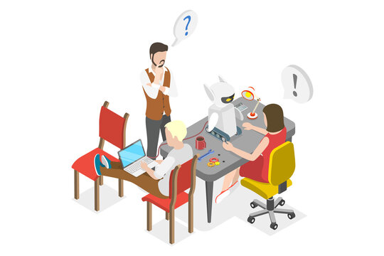 3D Isometric Flat  Conceptual Illustration of Robotics Club, Programming, Engineering and Technical Education