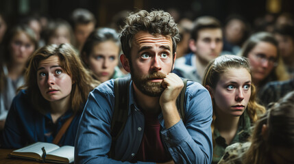 Engaging image of a bewildered student in lecture, surrounded by classmates and a professor giving the coursework seminar. Expresses confusion & education. - obrazy, fototapety, plakaty