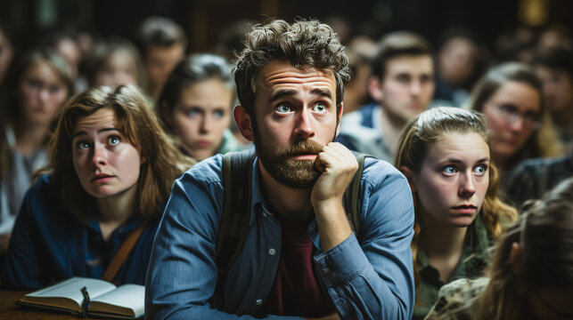 Engaging image of a bewildered student in lecture, surrounded by classmates and a professor giving the coursework seminar. Expresses confusion & education.